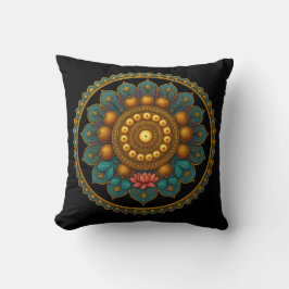 Turquoise Lotus Mandala - Reversible Black Boho Kudde