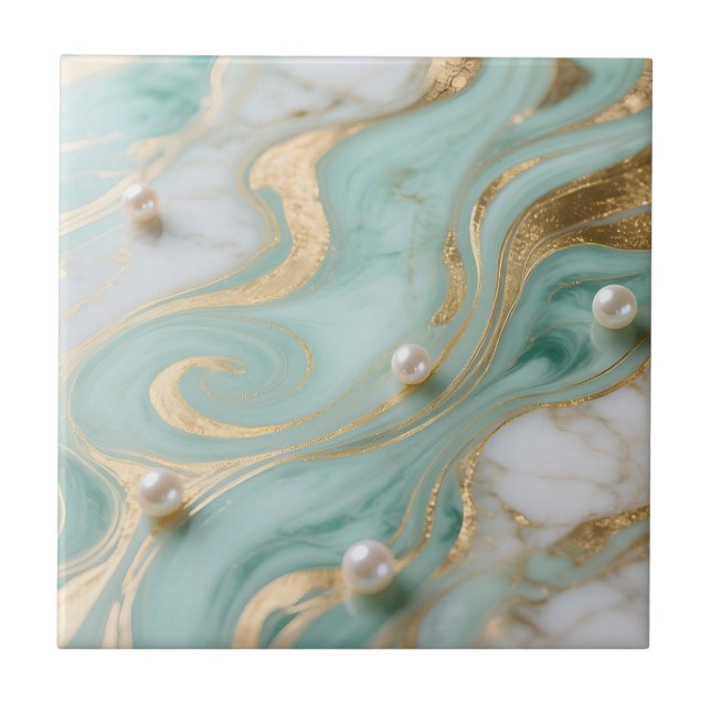 Turquoise Marble Pearl Gold Swirl Kakelplatta (Framsidan)