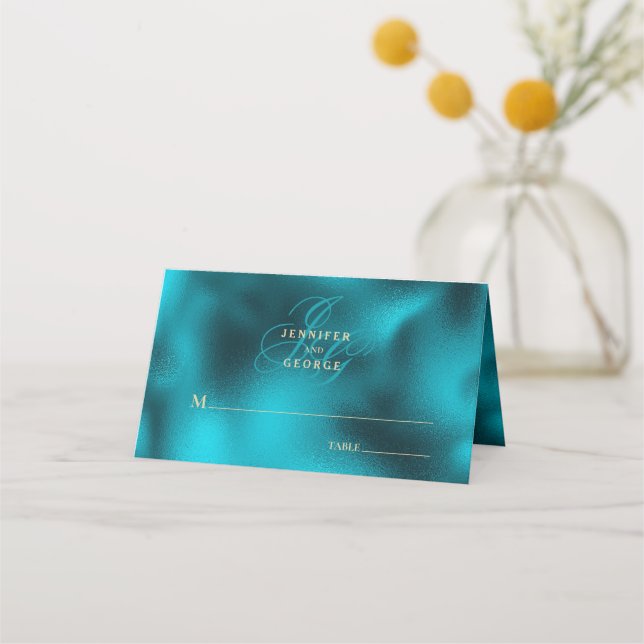 Turquoise metallic monogram initials wedding placeringskort (Framsida)