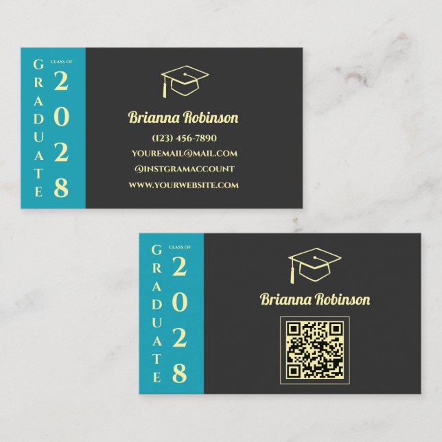 Turquoise Modern Graduation QR Code Name Card (Fram/baksida)
