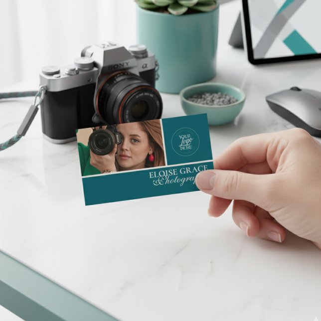 Turquoise Modern Photo Photographer  Visitkort (This modern business card features horizontal headshot photo and professional typography!)