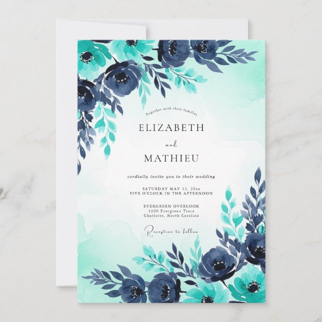 Turquoise Navy Watercolor Winter Wedding Inbjudningar (Framsida)