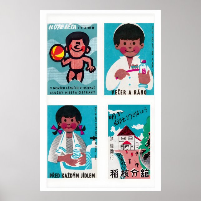 Turquoise & Pink Matchbox Labels Grid Print Poster (Framsidan)