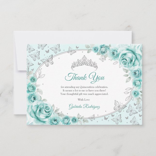 Turquoise Silver  Floral Quinceanera Tack Kort (Framsida)
