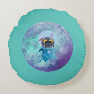 Turquoise Space Cat Round Pillow Rund Kudde
