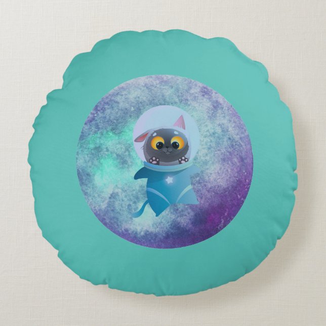Turquoise Space Cat Round Pillow Rund Kudde (Framsidan)