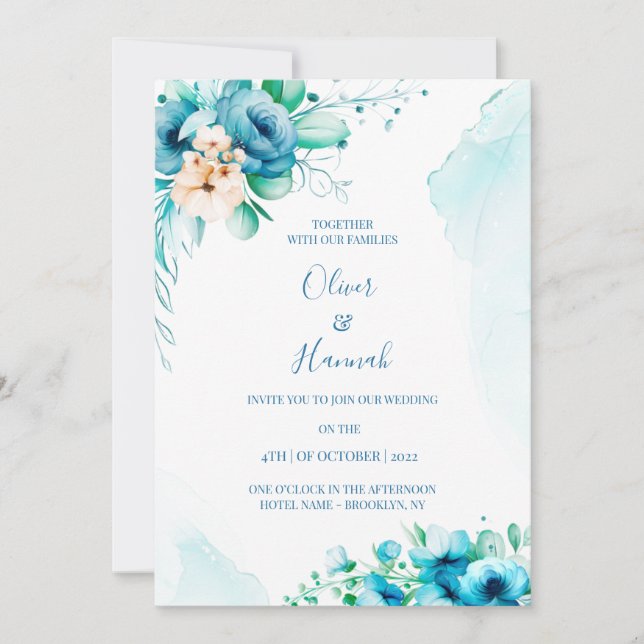  Turquoise Watercolor Floral Wedding Invitation Inbjudningar (Framsida)