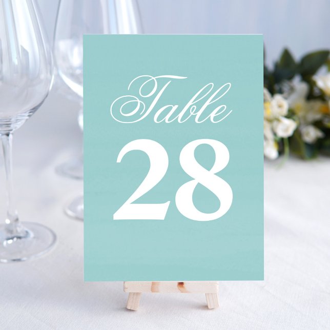 Turquoise Wedding Script Table Number Sign  Bordsnummer (Wedding table number with light watercolor background and turquoise blue.)