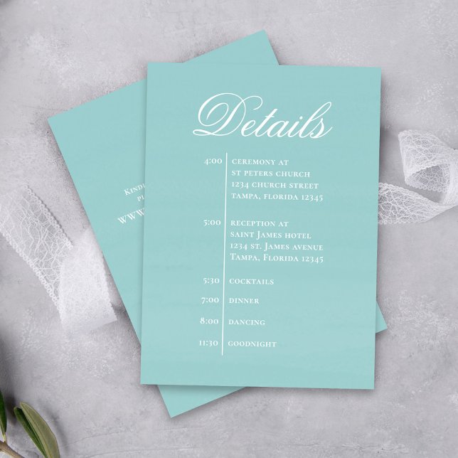 Turquoise Wedding Timeline Details Simple RSVP Tilläggskort (Beach turquoise blue wedding details card.)