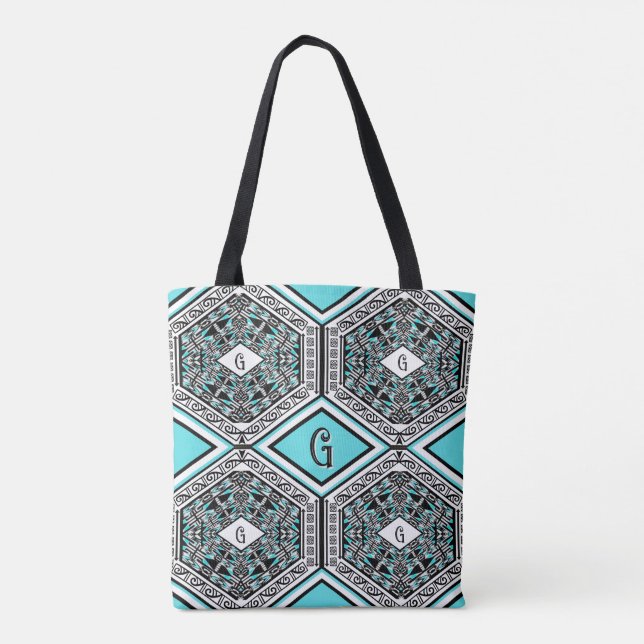 Turquoise, White & Black Tribal Tapestry Tote Tygkasse (Baksida)