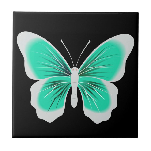 Turquoise white butterfly black background kakelplatta (Framsidan)