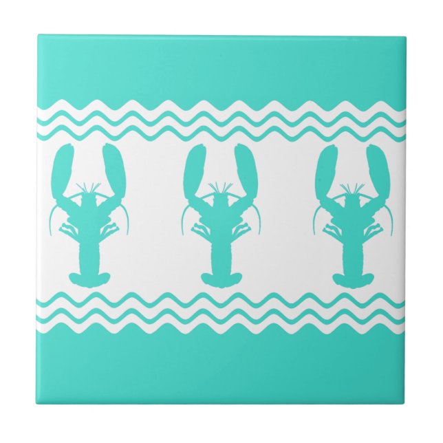 Turquoise White Coastal Lobster Stripes Kakelplatta (Framsidan)