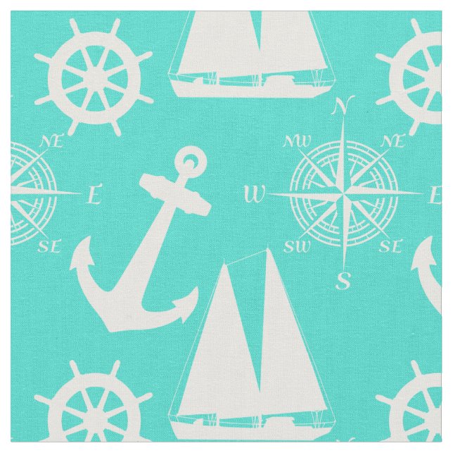 Turquoise White Nautical Coastal Boating Tyg (Närbild)