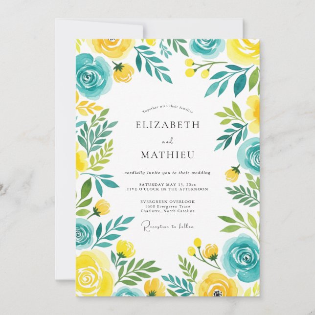 Turquoise Yellow Breezy Summer Wedding Inbjudningar (Framsida)