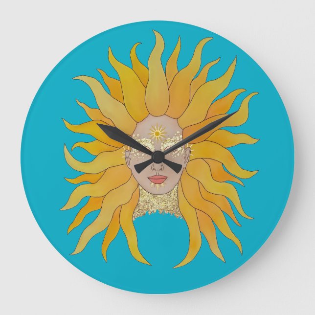 Turquoise yellow gold sun inspired stor klocka (Framsida)