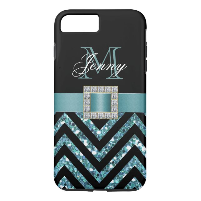 TURQUOISK SVART CHEVRON GLITTER Case-Mate iPhone SKAL (Baksida)
