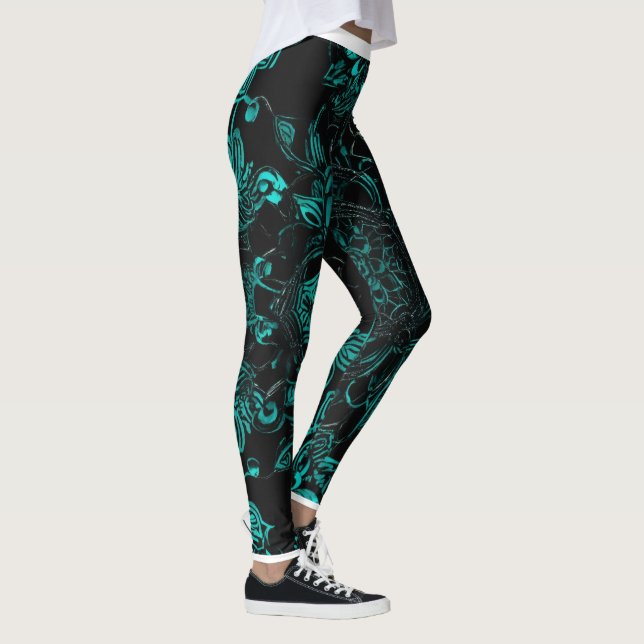 "Turquota essence on Black: Snyggt Skärm Print" Leggings (Höger)