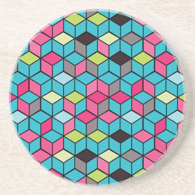 Turquouise och Rosa Cube Mönster Underlägg Sandsten (Framsidan)