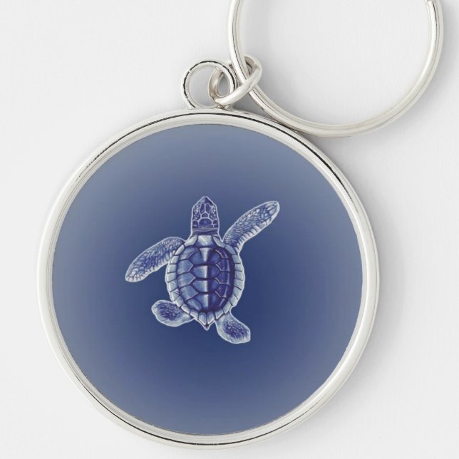Turtle Acrylic Keychain med blå bakgrund Rund Silverfärgad Nyckelring (Framsidan)