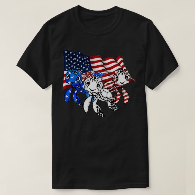 Turtle American Flagga Three Turtles Älskare Gift  T Shirt (Design framsida)