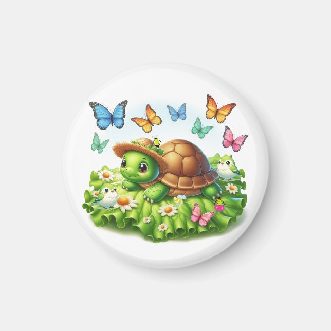 Turtle and Birds in a Whimsical Garden Magnet (Framsidan)