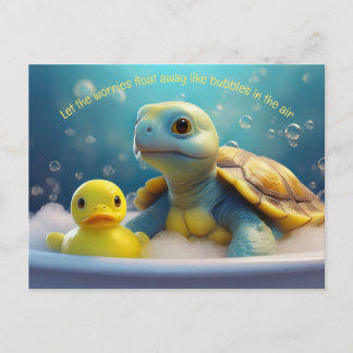Turtle and Rubber Duck in the Bath Custom Text Vykort
