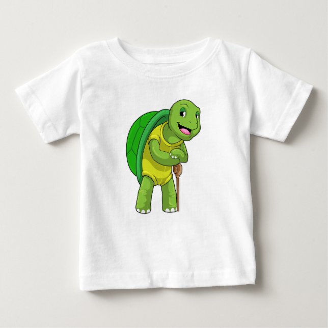 Turtle as Pensione with Walking stick stick T Shirt (Framsida)