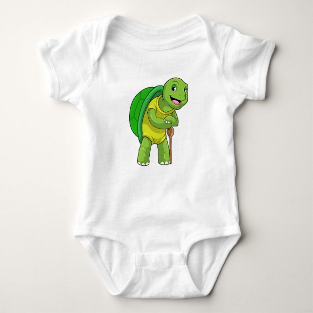 Turtle as Pensione with Walking stick stick T Shirt (Framsida)