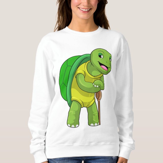 Turtle as Pensione with Walking stick stick T Shirt (Framsida)