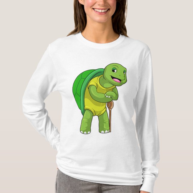 Turtle as Pensione with Walking stick stick T Shirt (Framsida)