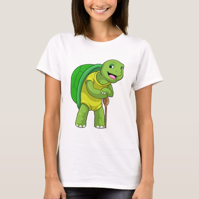 Turtle as Pensione with Walking stick stick T Shirt (Framsida)