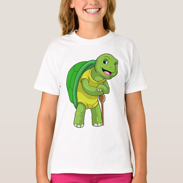Turtle as Pensione with Walking stick stick T Shirt (Framsida)