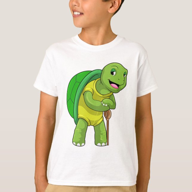 Turtle as Pensione with Walking stick stick T Shirt (Framsida)