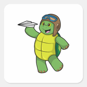 Turtle as Pilot med Pappra flygplan Fyrkantigt Klistermärke