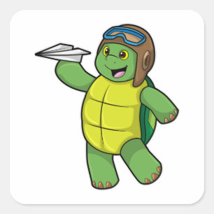 Turtle as Pilot med Pappra flygplan Fyrkantigt Klistermärke