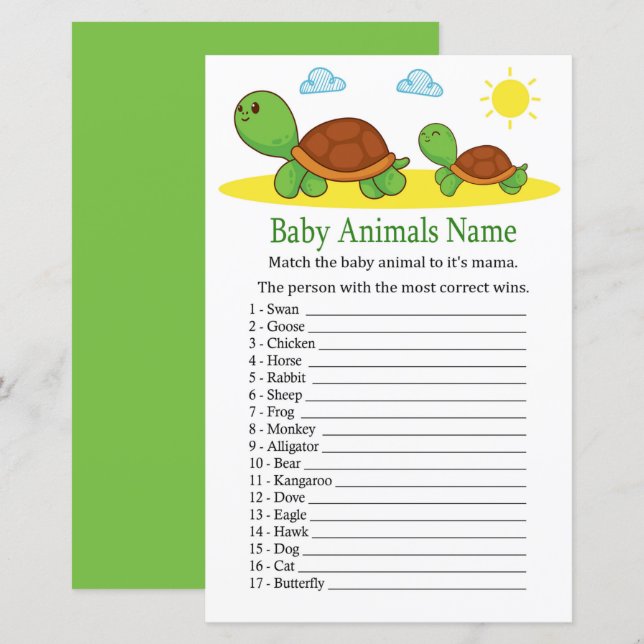 Turtle Baby djur Namn Game (Fram/baksida)