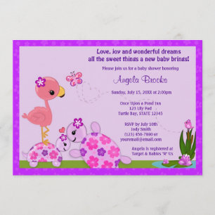TURTLE Baby Shower-inbjudan Pond Flamingo-LILA Inbjudningar