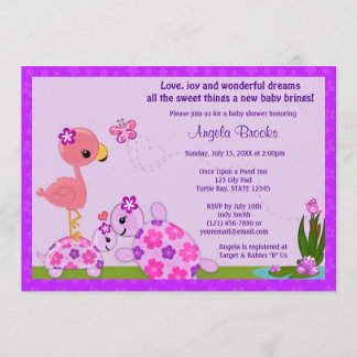 TURTLE Baby Shower-inbjudan Pond Flamingo-LILA Inbjudningar