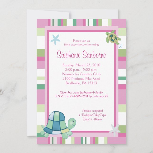 Turtle Bay Rosa Randig Flicka Baby Shower 5x7 Inbjudningar (Framsida)