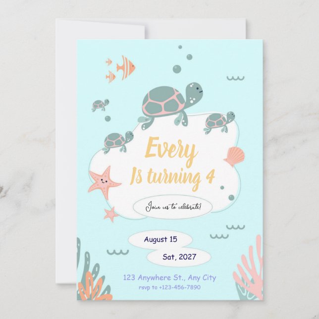 Turtle Birthday invitation under the sea invite Inbjudningar (Framsida)