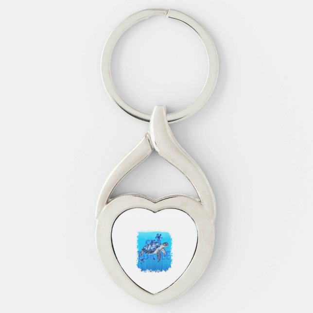 Turtle Blue Sea Square Twisted Heart Silverfärgad Nyckelring (Framsidan)