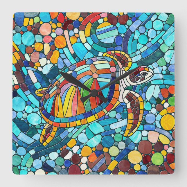Turtle Colorful mosaic art Fyrkantig Klocka (Framsida)
