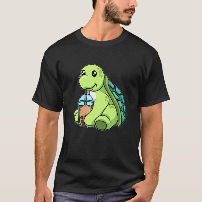 Turtle Drinking Bubble Tea Cute Animals with Boba T Shirt (Framsida)