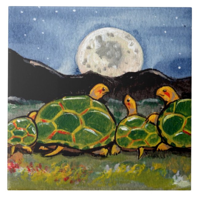 Turtle Family and Måne Night Scene 6-tums Tile Tri Kakelplatta (Framsidan)