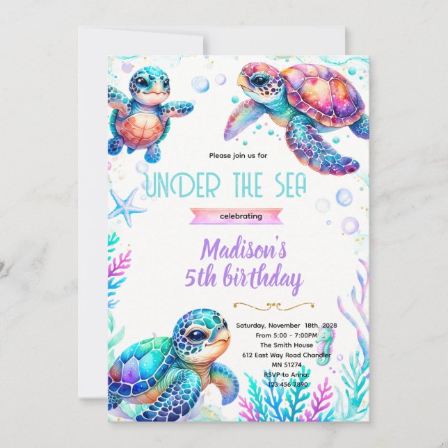 Turtle girl party theme invitation inbjudningar (Framsida)