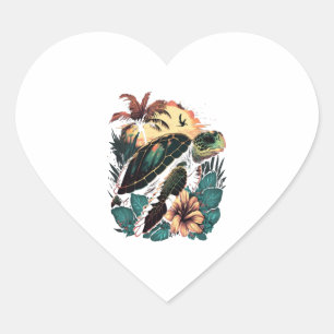 Turtle Hawaiian Sea Turtles Hibiscus Flower Hjärtformat Klistermärke