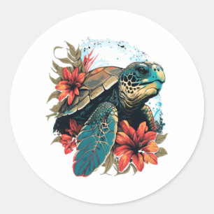 Turtle Hawaiian Sea Turtles Hibiscus Flower Runt Klistermärke