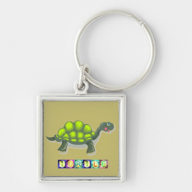 Turtle Keychain Fyrkantig Silverfärgad Nyckelring (Framsidan)