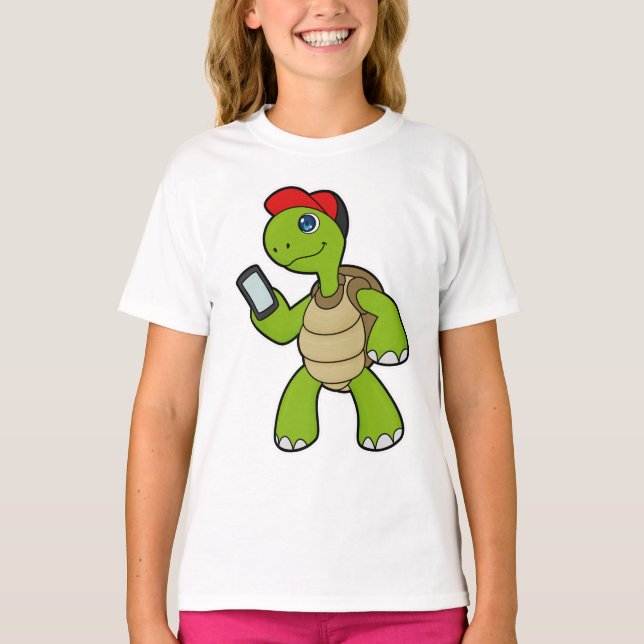 Turtle med Mobil och hög T Shirt (Framsida)