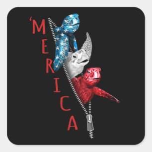Turtle Merica Turtle in Zipper Funny American Flag Fyrkantigt Klistermärke